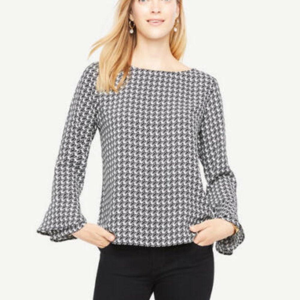 Ann Taylor Black Tulip Boatneck, Flare Cuff Blouse, sz S